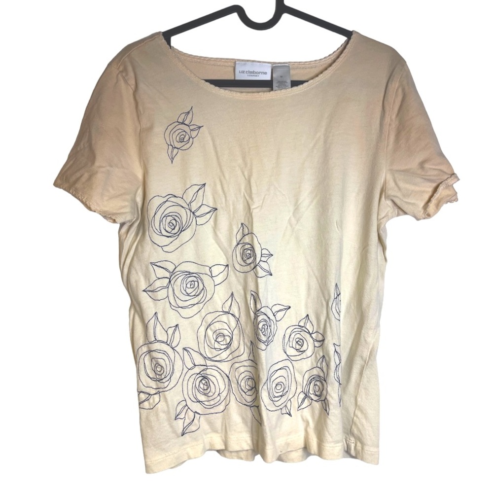 Liz Claiborne Ombre Gradient Pink T-Shirt with Camelia Floral Embroidery
